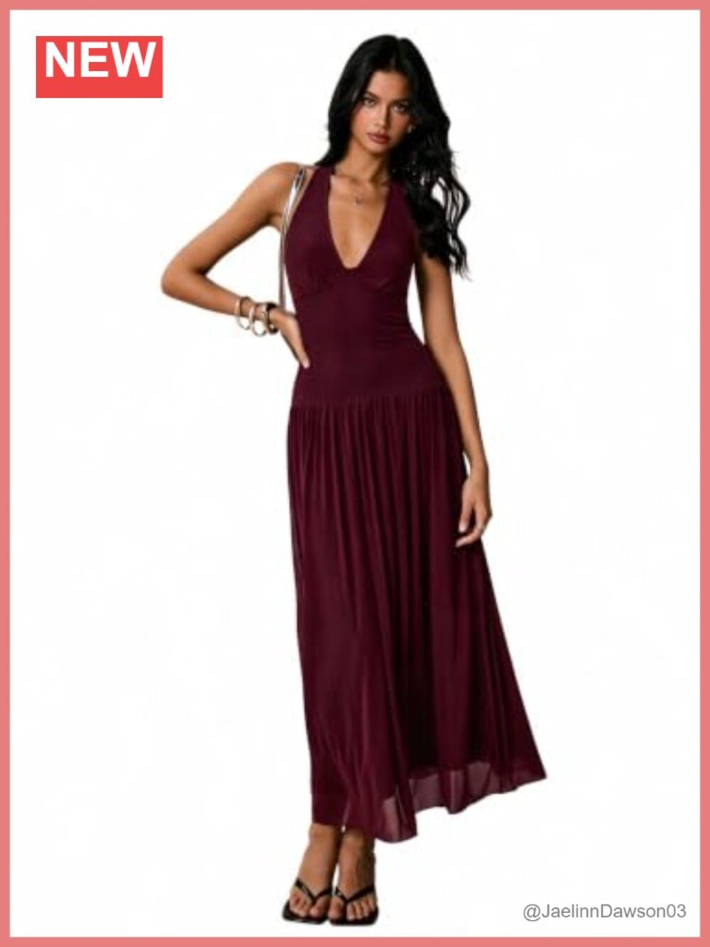 Halter Maxi Dress Backless Deep V Neck Pleated Vacation Wedding Guest
